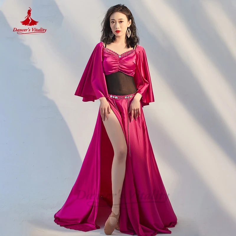 Belly Dance Costume Women's Magenta Satin Long Sleeve Top and High Slit Skirt Set with Rhinestone Trim