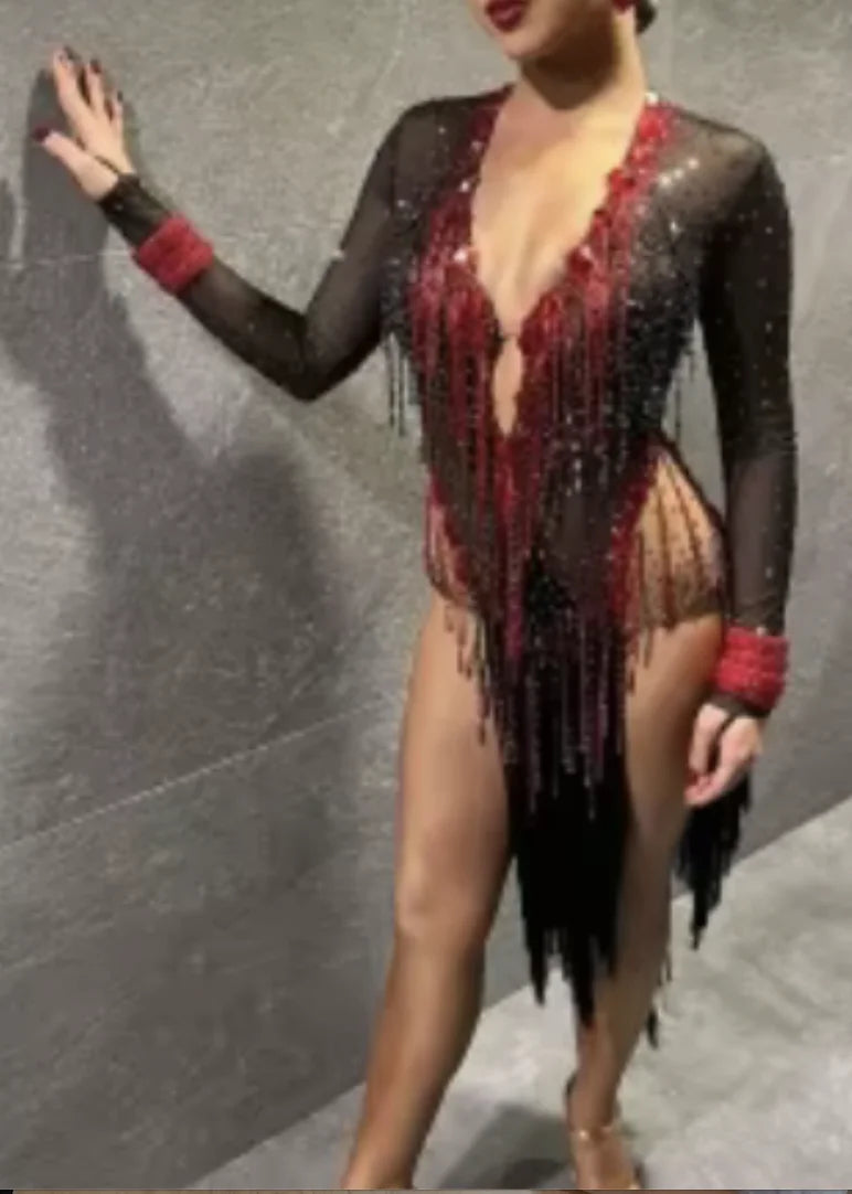 Women's Black & Red Sequin Fringe Mesh Latin Rhythm Dance Dress