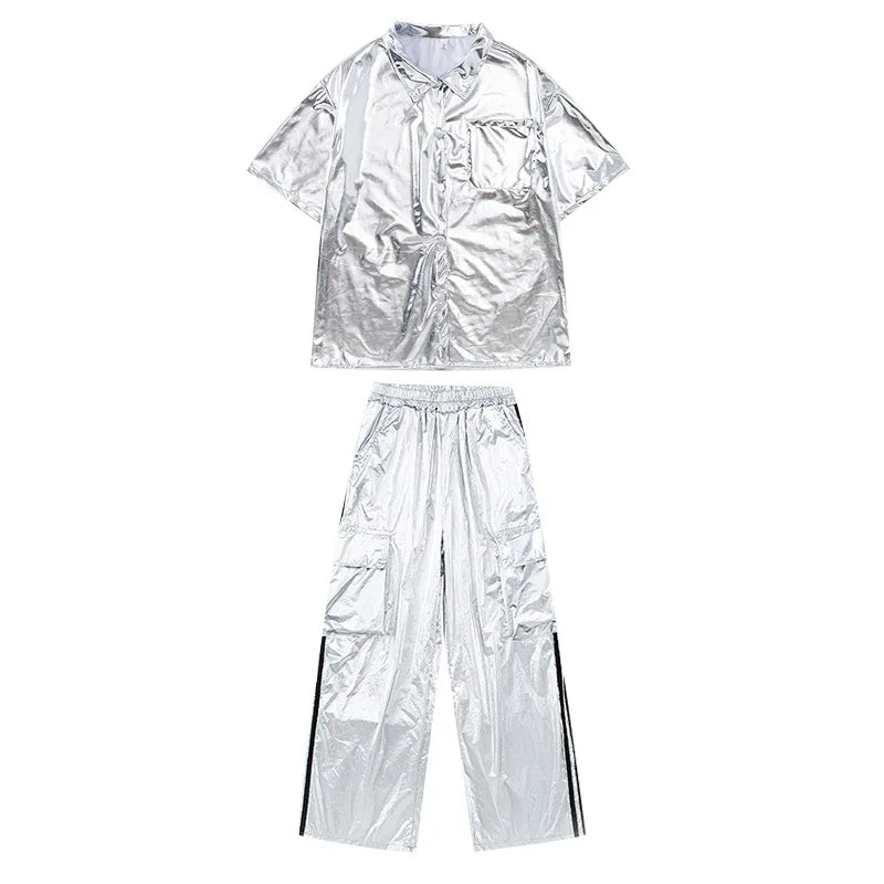 Kids' Silver Metallic Hip Hop Dance Costume Set, Loose Fit Short Sleeve Shirt & Cargo Pants