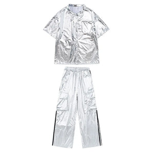 Kids' Silver Metallic Hip Hop Dance Costume Set, Loose Fit Short Sleeve Shirt & Cargo Pants