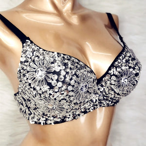 Sequin Embellished Dance Bra Top Gold Black Latin Ballroom Salsa Belly Dance Costume Women's