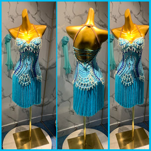 Women's Light Blue Beaded Fringe Latin Dance Dress with Halter Neck and Open Back