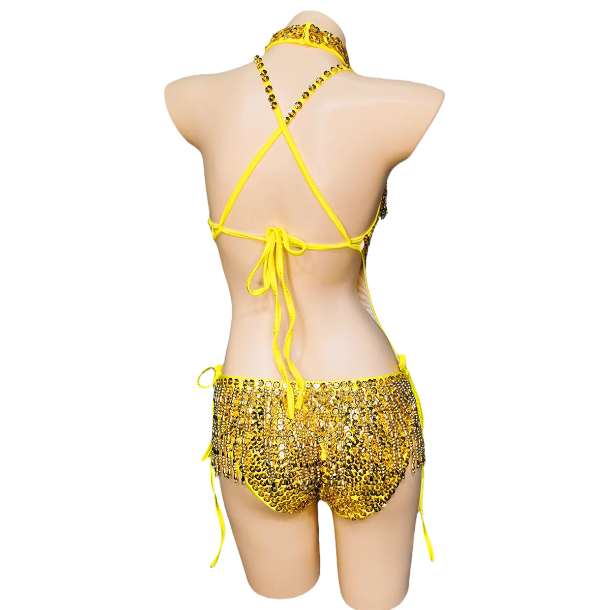 Women's Gold Sequin Fringe Halter Bodysuit with Choker, Latin Dance Costume