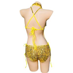 Women's Gold Sequin Fringe Halter Bodysuit with Choker, Latin Dance Costume