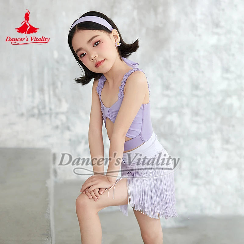 Girls' Light Green Cut-Out Ruffled Crop Top & Fringe Skirt Latin Dance Costume
