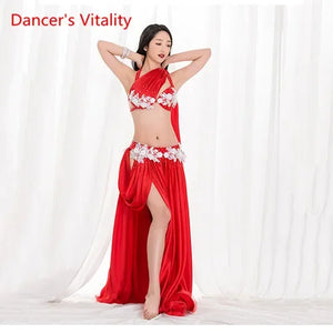 Belly Dance Costume Women's White Sequin Halter Top & High Slit Skirt Set Chiffon Tribal Fusion Dancewear