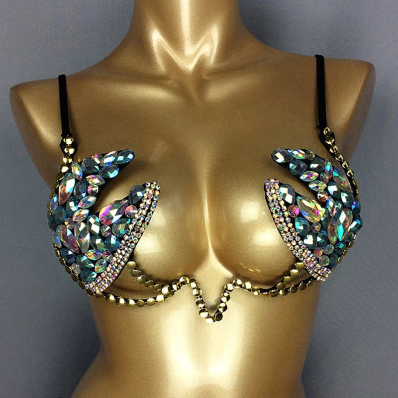Belly Dance Bra Top, Women's Teal & Iridescent Rhinestone Sequin Chain Bra, Tribal Fusion Dancewear