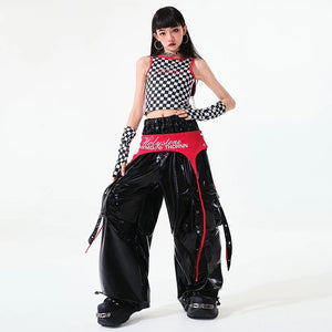Dance Costume Girls Black White Red Checkered Crop Top Shiny PU Cargo Pants Hip Hop Street Dance