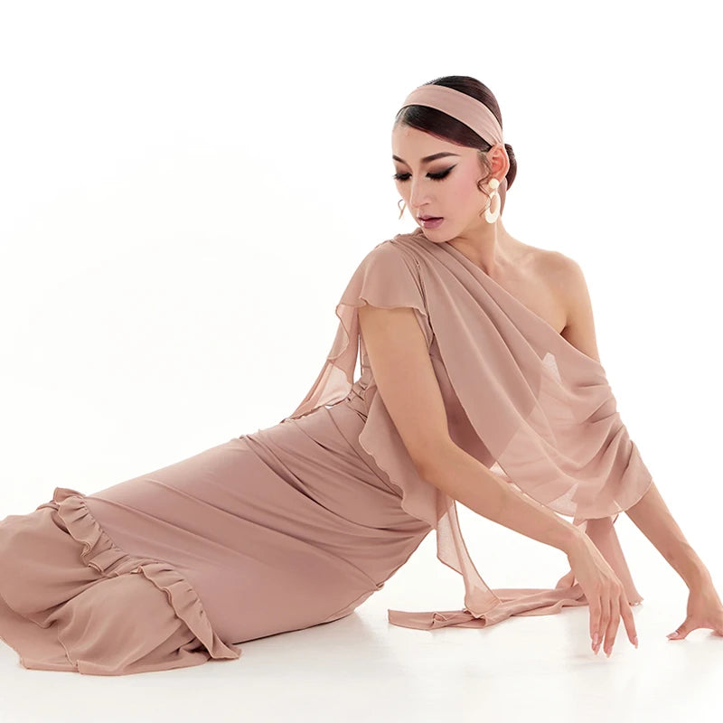 Women's Nude Chiffon One-Shoulder Ruffle Bodysuit & Skirt Latin Dancewear Set