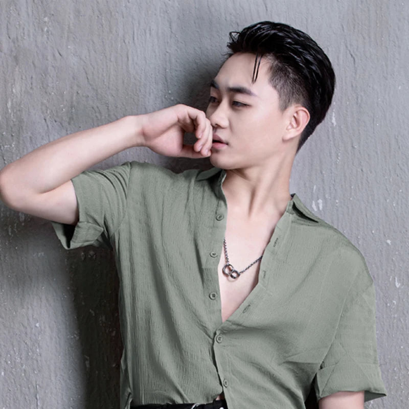 Men's White Linen Short-Sleeve Shirt with Silver Chain and Blue Pleated Trousers