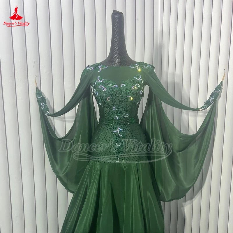 Women's Ballroom Standard Performance Dance Dress Bottle Green For Competition
