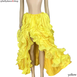 Belly Dance Skirt Women Orange Beaded Sequin Hip Scarf Ruffled Organza Slit Skirt Tribal Fusion Costume