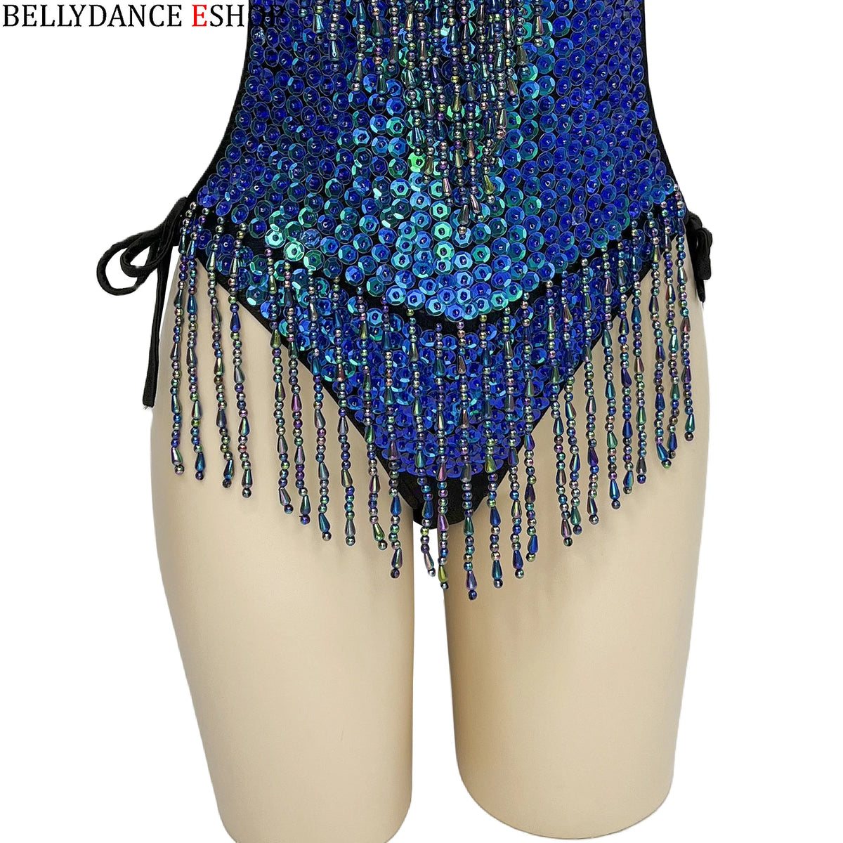 Belly Dance Leotard, Women's, Blue Sequin & Beaded Fringe Halter Neck, Belly Dance