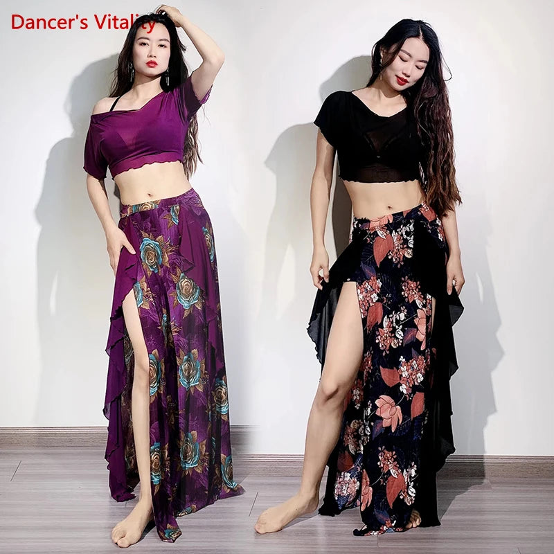 Women's Purple Floral Asymmetrical Skirt and Sheer Crop Top Belly Dance Costume