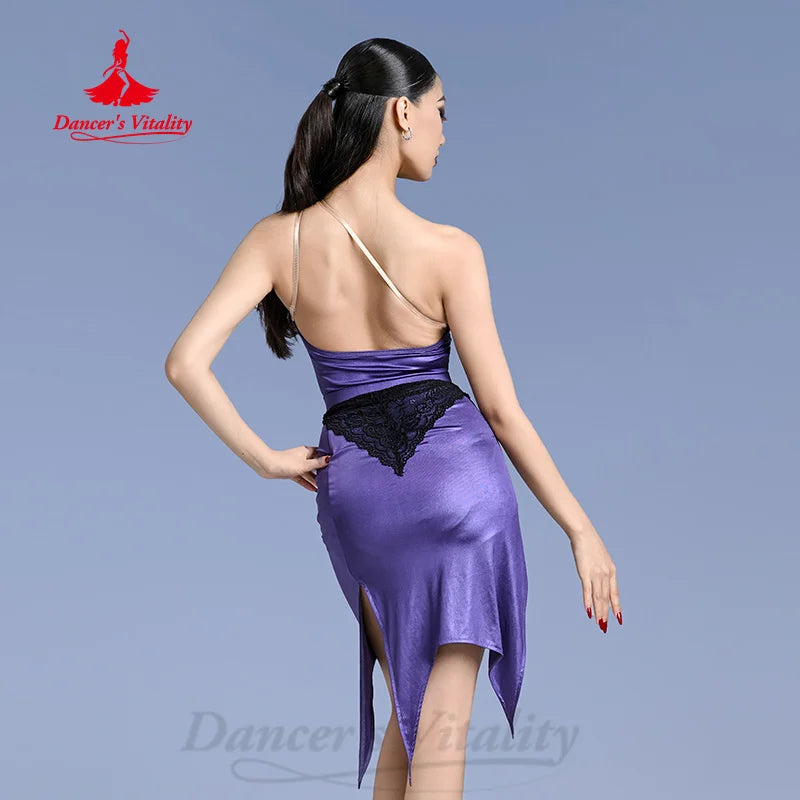 Women's Purple One-Shoulder Asymmetrical Slit Latin Dance Dress with Black Sash