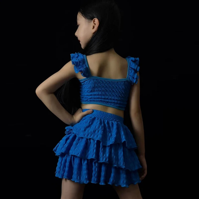 Girls Blue Ruffled Crop Top and Tiered Skirt Dancewear Set, Polyester Spandex