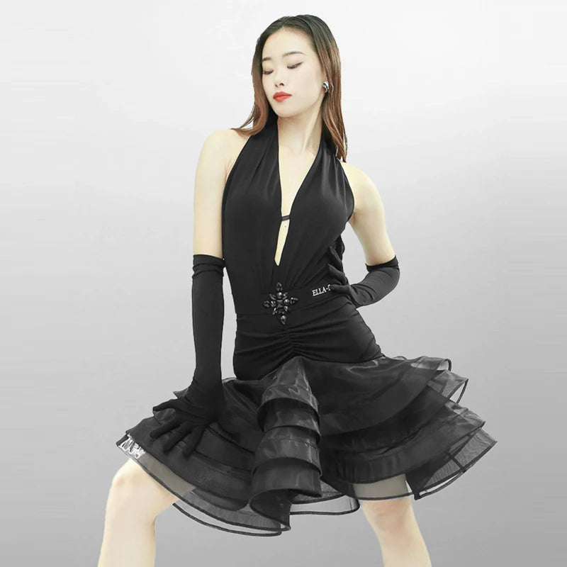 Women's White Halter Neck Ruffled Latin Dance Dress with Gloves, Women's Orange Halter Neck Ruffled Latin Dance Dress with Gloves, Women's Black Halter Neck Ruffled Latin Dance Dress with Gloves