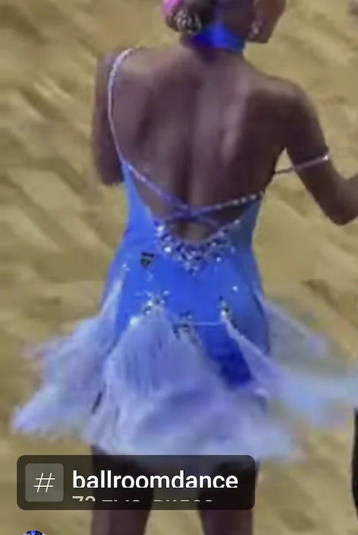 Girls' Blue & White Sequin Fringe Latin Dance Dress