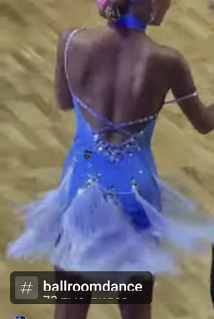 Girls' Blue & White Sequin Fringe Latin Dance Dress