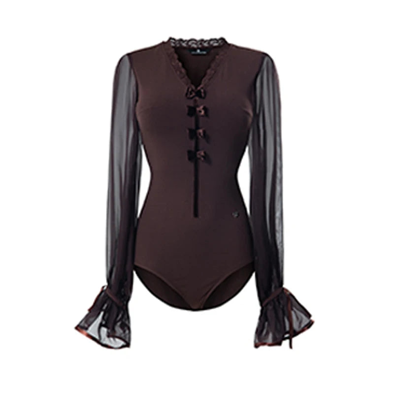 Women's Black and Brown Sheer Sleeve Ruffled Jumpsuit with Velvet Buttons for Latin Dance