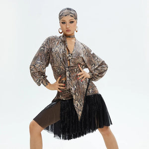 Women's Brown Snake Print Choker Neck Long Sleeve Top and Black Fringe Skirt Latin Dance Set