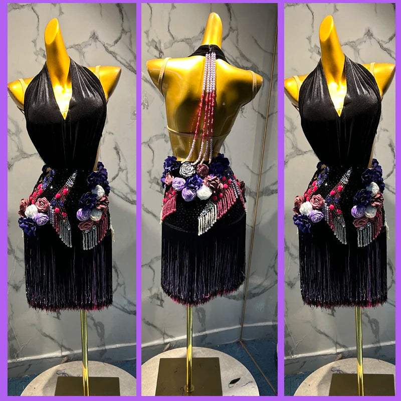 Women's Black Velvet Halter Fringe Latin Dance Dress with Floral Appliqués and Beaded Details