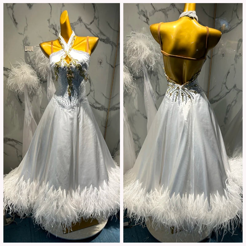 Women's White Gold Embellished Halter Neck Open Back Ballroom Dance Dress with Feather Trim
