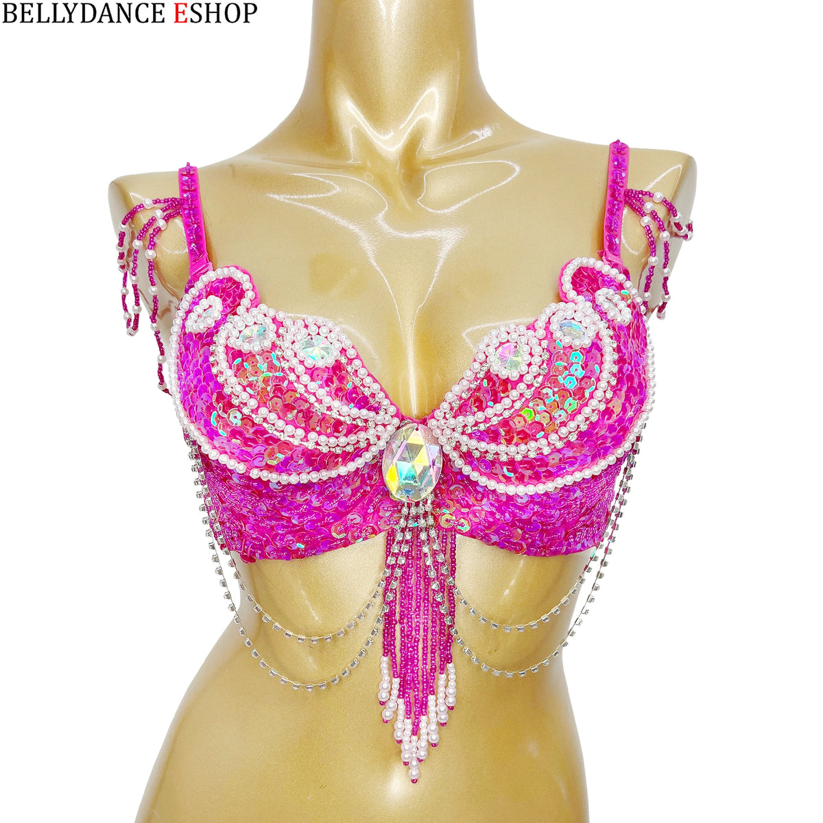 Women's Red Sequin & Pearl Beaded Belly Dance Bra Top with Shoulder & Waist Chains