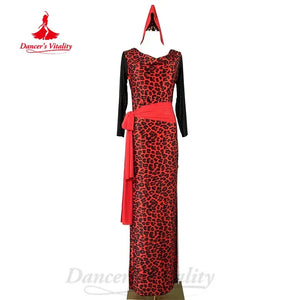 Women's Red Leopard Print Mesh Sleeve Cowl Neck Latin Dance Dress with Sash