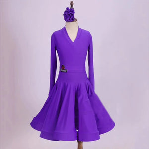 Girls Ballroom Dance Dress Red, Pink, Green, Yellow, Lime Green, Purple Long Sleeve V-Neck Competition Costume