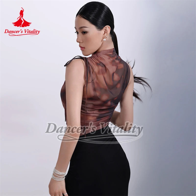 Women's Brown Mesh Sleeveless Tie-Side Fringe Skirt Latin Dancewear Set