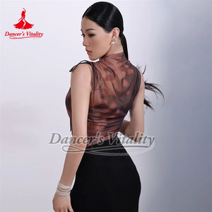 Women's Brown Mesh Sleeveless Tie-Side Fringe Skirt Latin Dancewear Set