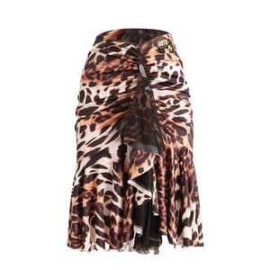 Women's Black & Leopard Print Sleeveless Mock Neck Bodysuit & Ruffled Skirt Latin Dancewear