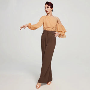 Women's Brown & Peach One-Shoulder Ruffle Sleeve Ballroom Dance Top & Pleated Wide-Leg Pants Set