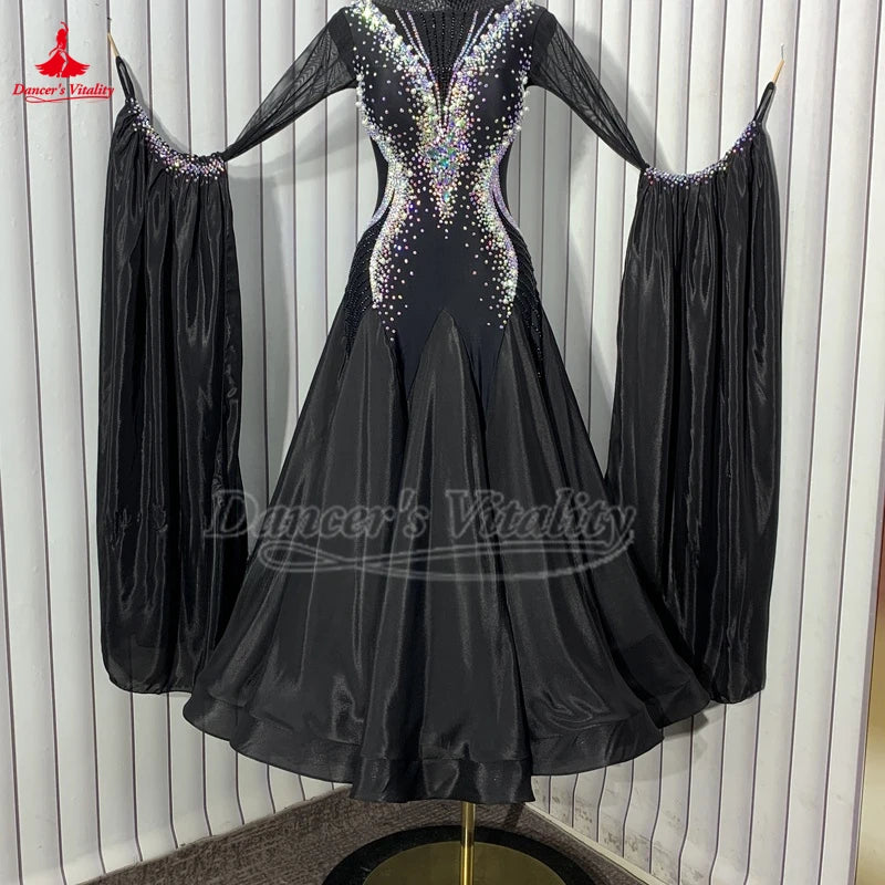 High-end Custom Adult Luxury AB Stone Ballroom Dance Competition Clothe Viennese Waltz Black Long Sleeve Perform Big Swing Skirt