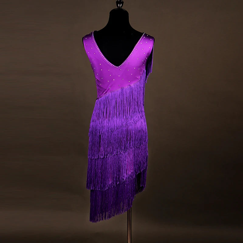 Women's Purple Rhinestone Fringe Latin Dance Dress