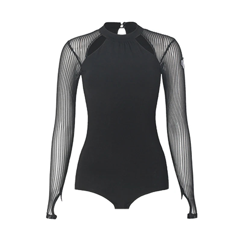Women's Black Mesh Long Sleeve Halter Neck Leotard for Ballroom Dance