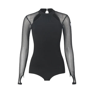 Women's Black Mesh Long Sleeve Halter Neck Leotard for Ballroom Dance