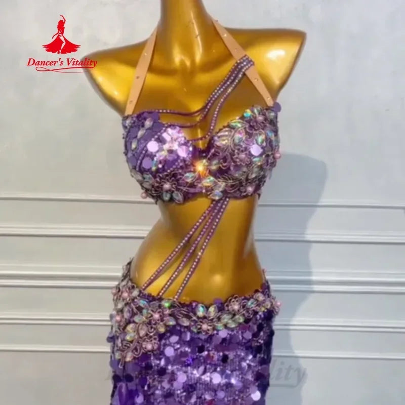 Adult Women's Belly Dance 2-Piece Costume With Rhinestone Bra And Sequin Fishtail Skirt For Competition
