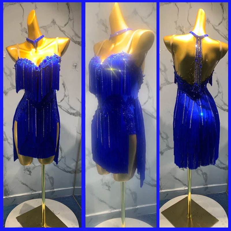 Women's Royal Blue Fringe & Rhinestone Latin Dance Dress, Backless Strappy Design