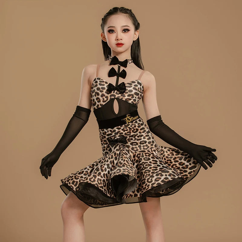 Girls Leopard Print Mesh Latin Dance Dress with Gloves