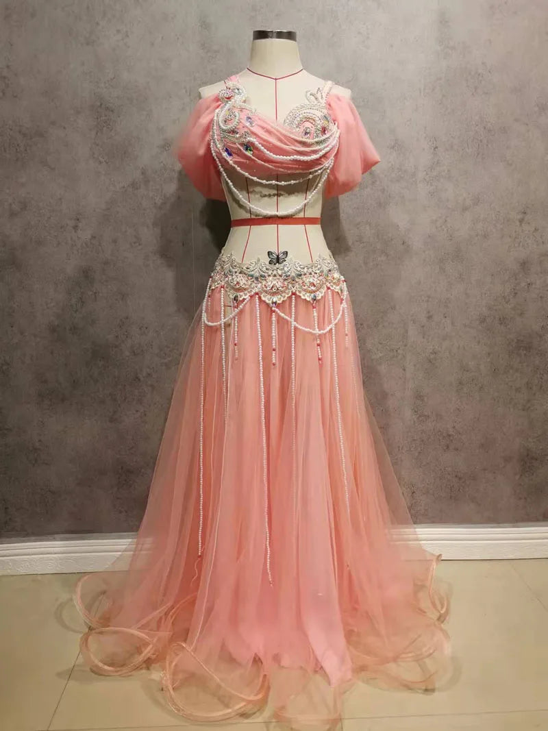 Belly Dance Costume Women's Lavender Chiffon Off-Shoulder Top with Embellished Bra & Long Skirt Set for Performance