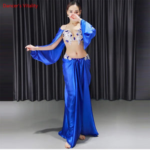 Belly Dance Costume Women Orange Satin Embroidered Crop Top with Bell Sleeves and Long Skirt