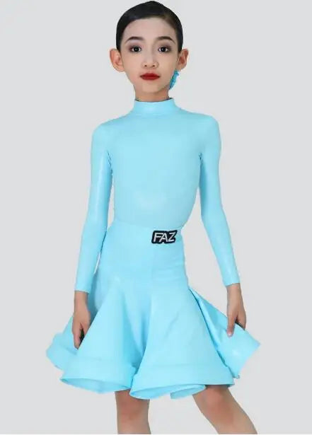 Girls' Pink Long Sleeve Mock Neck Pleated Skirt Latin Ballroom Dance Dress