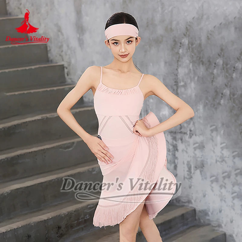 Women's Light Blue and Pink Spaghetti Strap Leotard with Headbands, Ruched Bodice, and Mesh Detailing for Latin Dance