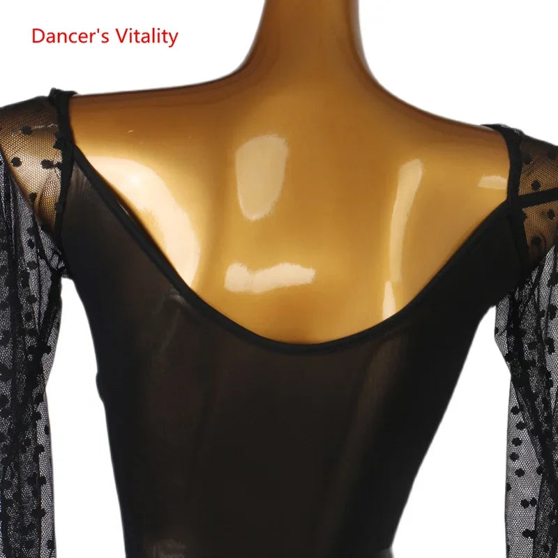 Women's Black Sheer Polka Dot Long Sleeve V-Neck Ballroom Dance Dress
