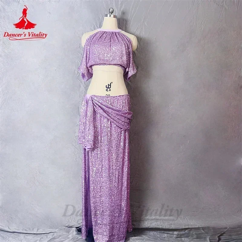 Belly Dance Costume, Women's, Lavender Sequin Halter Crop Top and Draped Slit Maxi Skirt, Performance Wear