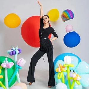 Women's Black Ruched Drawstring Waist Flared Leg Dance Pants