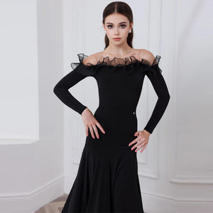 Ballroom Dance Dress Women's Black Off-Shoulder Ruffle Long Sleeve Mermaid Hem Standard Latin Performance Gown