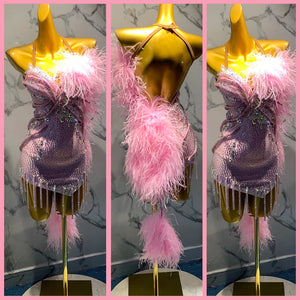Latin Dance Dress Women Pink Rhinestone Fringe Ostrich Feather Halter Mini Dress